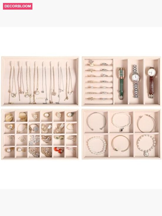 Stackable Jewelry Organizer Trays 4 Set - PU Leather Storage Display Case with main image 5